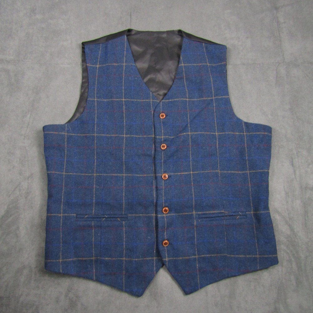 Plaid Vest Mens XL Blue Windowpane Check Formal Waistcoat Cinch Back